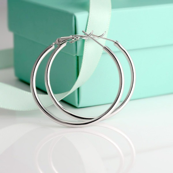 Jewelry - 18K White Gold Filled 40mm Smooth Hoop Dangle Earrings 1.57" Womens Classic Gift